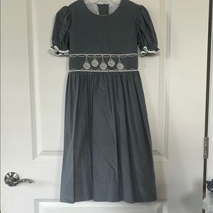 Le’ Za Me Girl’s Gray Corduroy Embellished Dress with Puff Sleeves